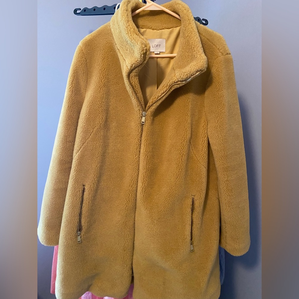 Gold Teddy LOFT Coat, size XL, worn 3 times, zipper front, mid thigh length